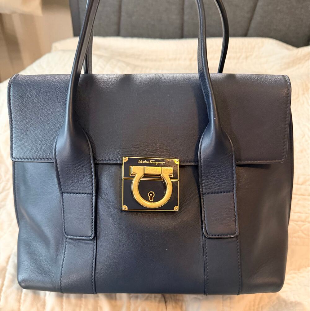 Salvatore Ferragamo Navy W/ Leather Interior, Gancini Hardware W/ COA